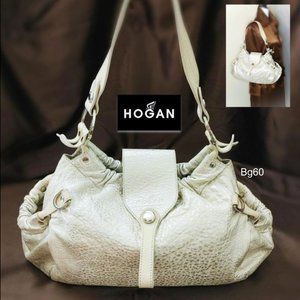 HOGAN Italy Creamy Beige Silver Metallic Hobo Slouchy Leather Large Shou…